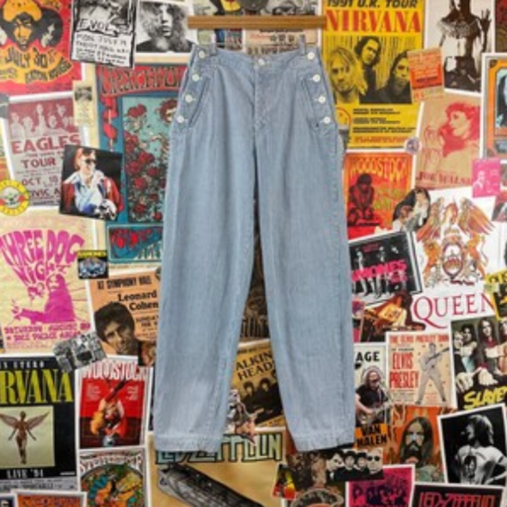 Vintage Women's 1980s-90s Blue + White Hickory Stripe Elastic Waist Cotton Pant